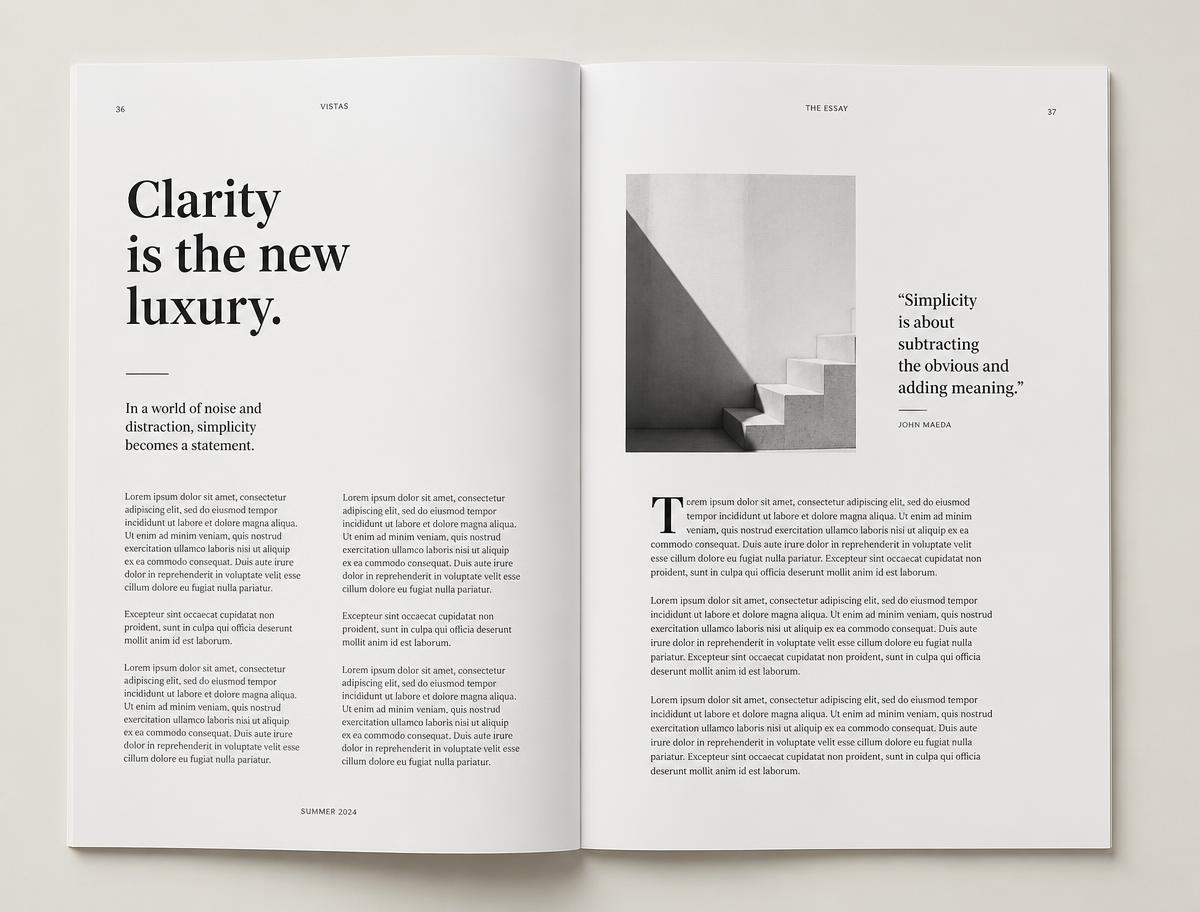 Conceptual editorial magazine spread with large serif headline and multi-column text