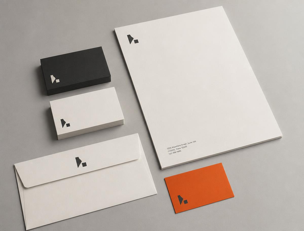 Conceptual stationery set of blank business cards, letterhead and envelope with a simple abstract mark