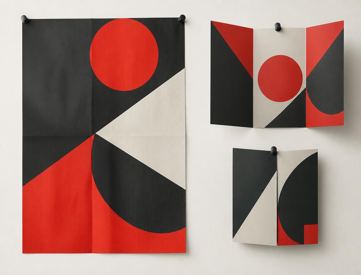 Conceptual poster and folded flyer with bold geometric shapes in charcoal and orange