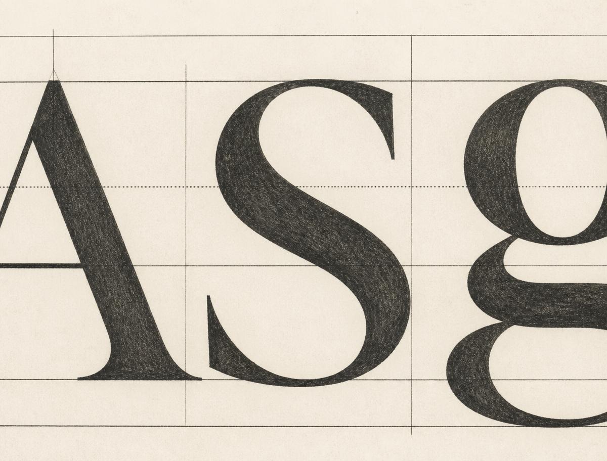 Close-up typography specimen showing large serif letterforms across a baseline grid